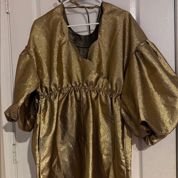 EUC Kika Vargas Dresses Puff Sleeve Scallop Back Midi Dress Large Gold - Picture 6 of 9